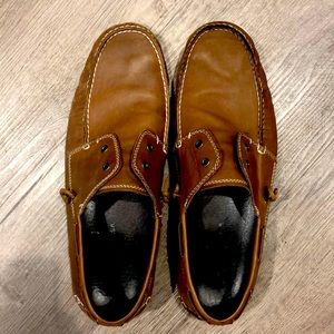 John Varvatos brown, slip on boat shoes, size 12